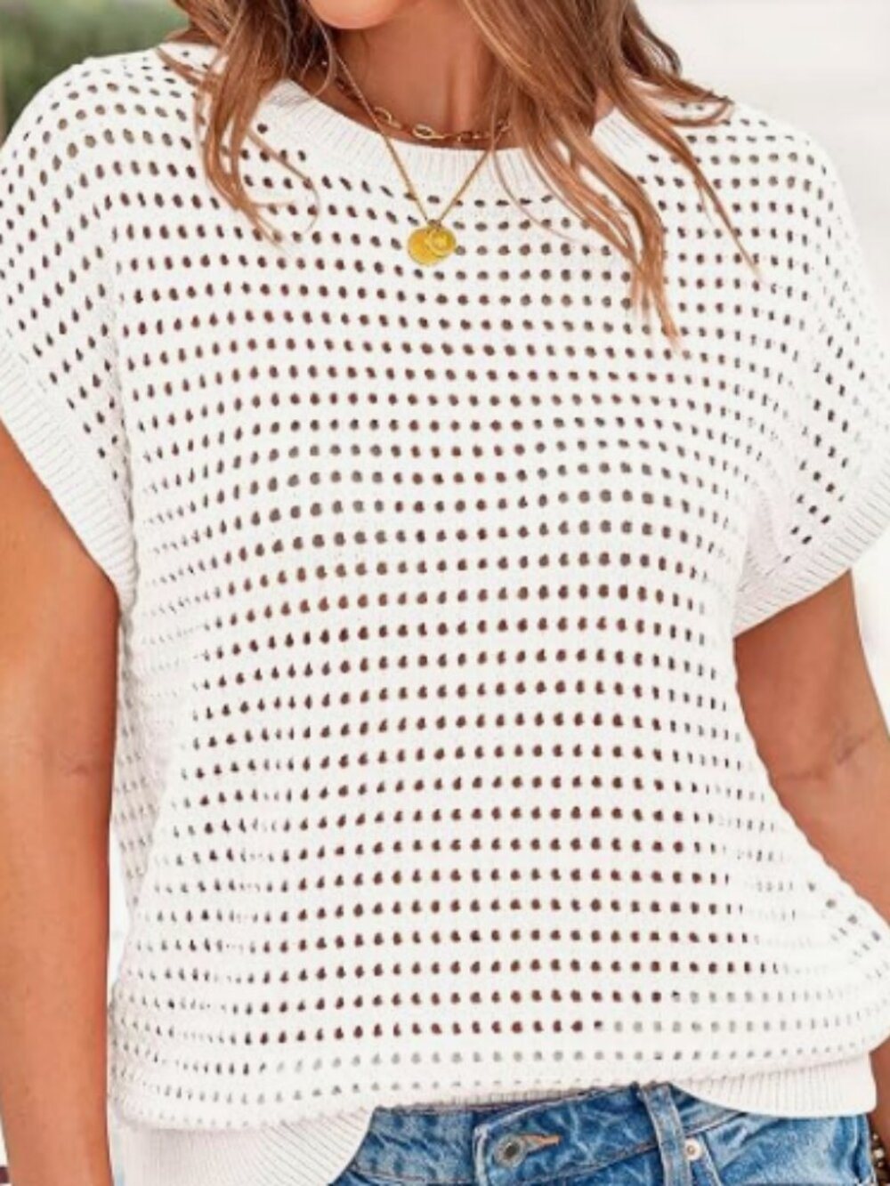 Women's Summer Crochet Cap Sleeve Sweater Tops - Medium